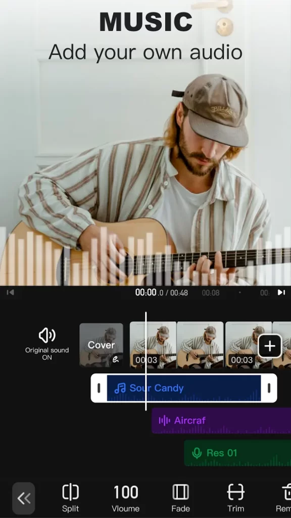 add music to text, video